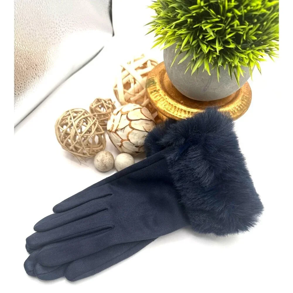 Plush Faux Fur Cuff Gloves - Navy